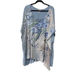 Catherines Blue Floral Top Womens Size 4X Sheer Overlay Short Sleeve Beachy